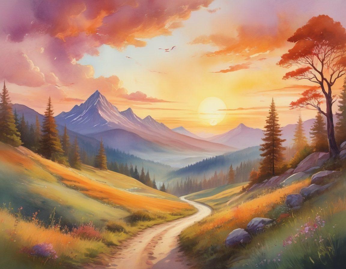 A serene landscape featuring a winding path leading through a vibrant forest, dotted with dream-like elements such as floating clouds and whimsical creatures. In the distance, a stunning mountain range looms beneath a sunset sky, signifying destinations yet to be explored. The composition should inspire feelings of adventure and reflection, inviting viewers to embark on their own journeys. watercolor style. warm color palette. ethereal lighting.