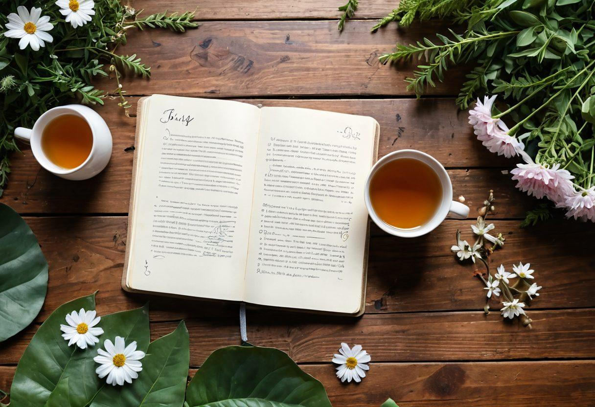 A serene, open journal laying on a wooden table adorned with blooming flowers, a cup of herbal tea, and soft sunlight filtering through leaves. The pages of the journal are filled with doodles and notes reflecting various life experiences, wellness tips, and growth milestones. A gentle breeze rustles through the scene, symbolizing change and renewal. The background features a tranquil natural setting, suggesting reflection and mindfulness. soft-focus. warm colors. nature-inspired.