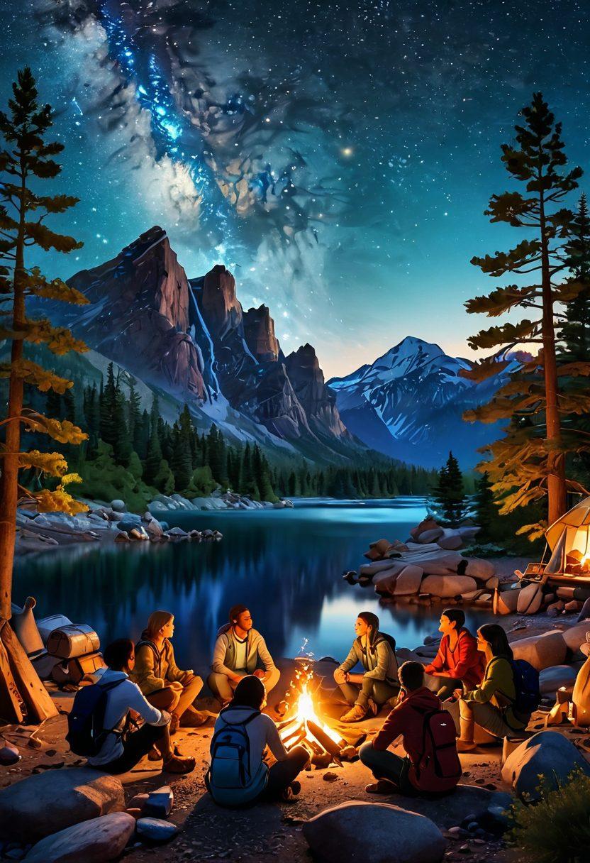 A picturesque scene depicting a diverse group of travelers sharing inspiring stories around a campfire under a starry sky, with icons of various destinations like mountains, beaches, and cities subtly blended in the background. Warm lighting enhances the cozy atmosphere, while travel essentials like backpacks and maps are scattered around, symbolizing adventure and exploration. super-realistic. vibrant colors. 3D.
